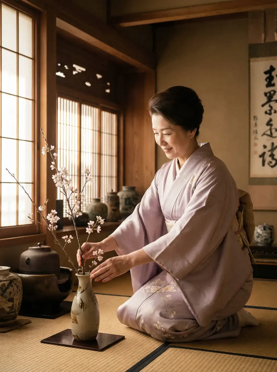 一位优雅的 上游棋牌官网 在和室中插花