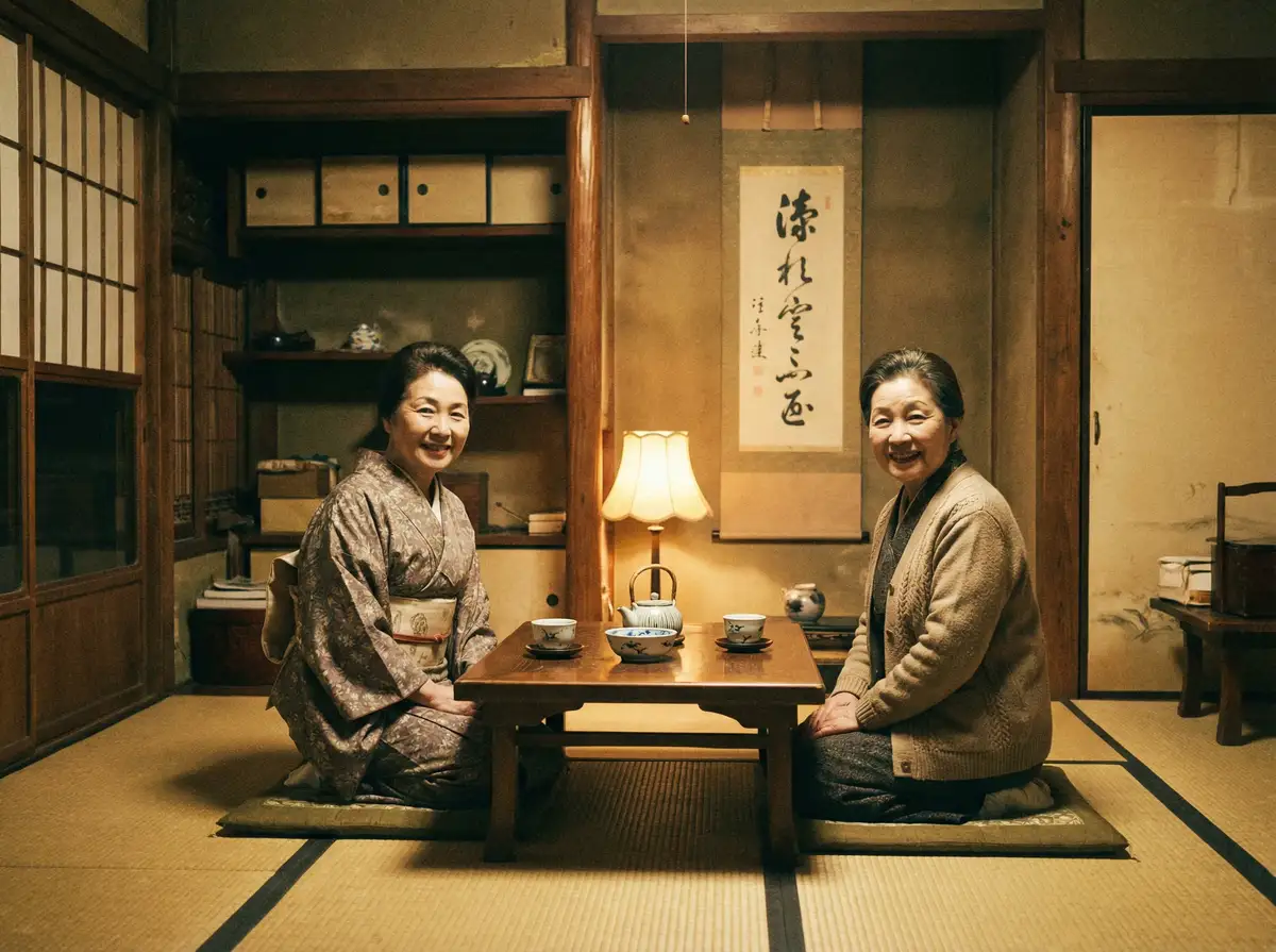 两位优雅的 上游棋牌官网 在日式茶室中品茶交谈